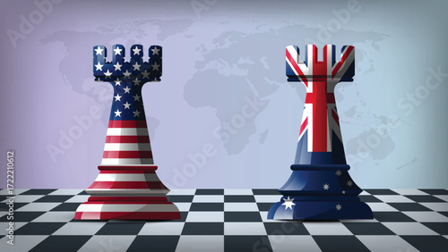 Two Standing Rooks Representing USA vs Australia with Flags on Bodies and World Map in Background