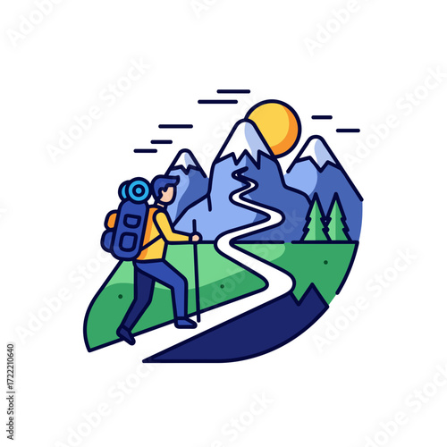 A stylized vector illustration of a hiker with a backpack trekking on a winding mountain path.