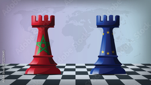 Two Standing Rooks Representing Morocco vs EU with Flags on Bodies and World Map in Background