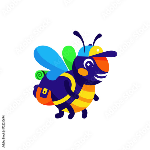 Cartoon Bee Hiker with Backpack and Cap Colorful and Cheerful.