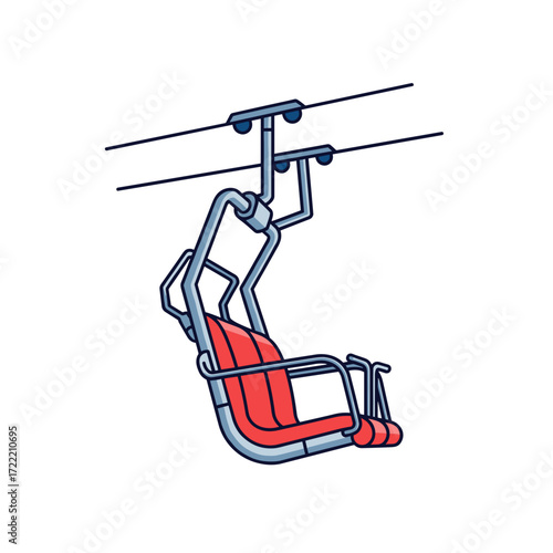 Isolated Ski Lift Chair with Red Seating and Blue Outline Illustration.