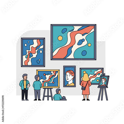 Vibrant Illustrated Art Gallery Scene with Diverse Visitors Admiring Framed Abstract Paintings and Portraits.