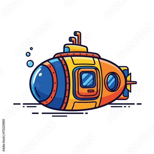 A vibrant yellow and orange cartoon submarine with a large blue porthole and periscope illustrated in a flat bold style.