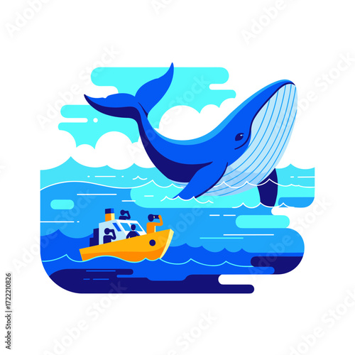 Majestic Blue Whale Breaching Ocean Surface Detailed Illustration.