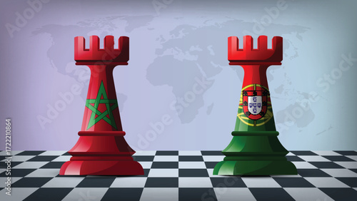 Two Standing Rooks Representing Morocco vs Portugal with Flags on Bodies and World Map in Background