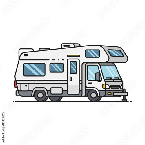 Modern White Campervan Illustration with Blue Windows and Black Outlines.