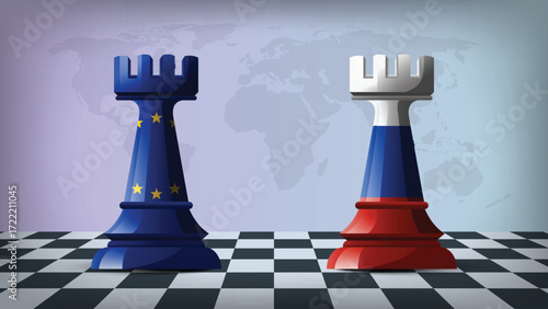 Two Standing Rooks Representing EU vs Russia with Flags on Bodies and World Map in Background