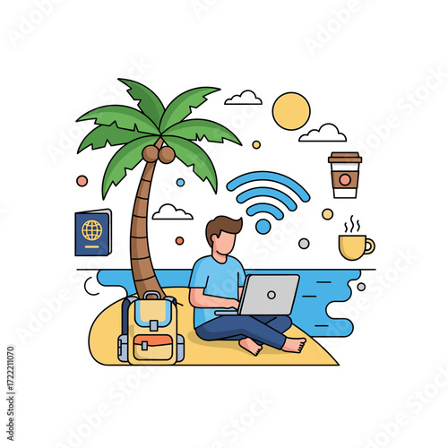 Flat design illustration of a man working on a laptop sitting crosslegged on a sandy beach under a palm tree surrounded by travel essentials and WiFi.