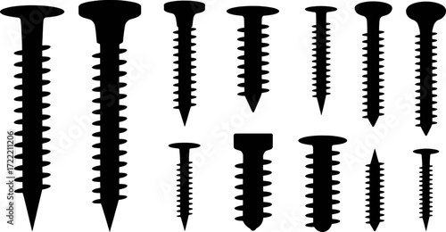 Black silhouettes of various screws and fasteners hardware tool
