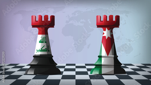 Two Standing Rooks Representing Jordan vs Iraq with Flags on Bodies and World Map in Background