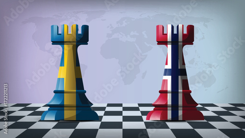 Two Standing Rooks Representing Norway vs Sweden with Flags on Bodies and World Map in Background