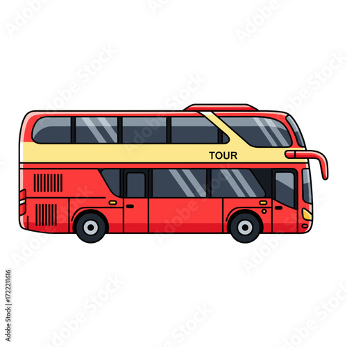Bright red and yellow doubledecker tour bus cartoon illustration side view featuring TOUR text.