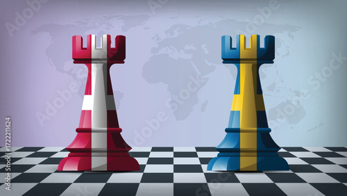 Two Standing Rooks Representing Denmark vs Sweden with Flags on Bodies and World Map in Background
