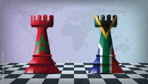 Two Standing Rooks Representing Morocco vs South Africa with Flags on Bodies and World Map in Background
