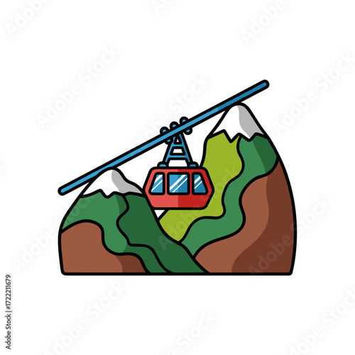 Red cable car gondola moving over stylized mountains with snow caps flat cartoon illustration.