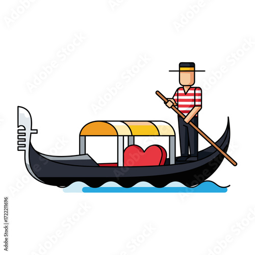 Venetian Gondola with Gondolier Romantic Style Red Heart and Striped Shirt.
