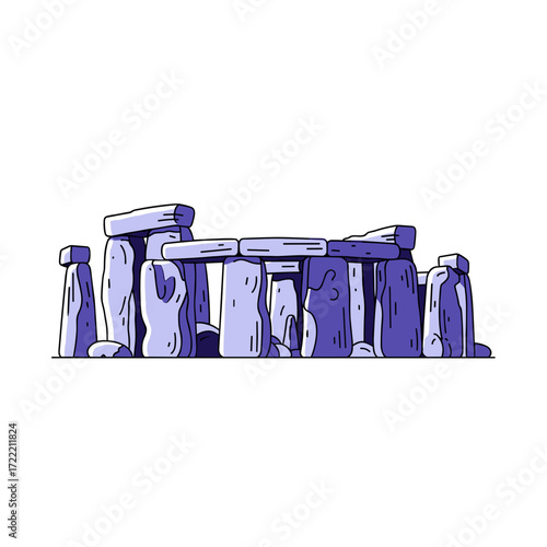 Cartoon illustration of Stonehenge an ancient megalithic monument with purple and lavender stones outlined in black.