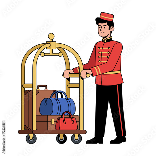 Smiling Hotel Porter Pushing Luggage Cart with Bags.