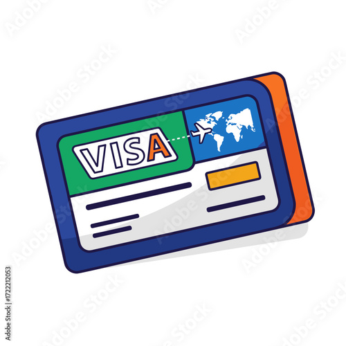 Colorful cartoon Visa travel credit card with a world map and airplane icon.