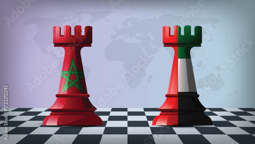 Two Standing Rooks Representing Morocco vs UAE with Flags on Bodies and World Map in Background