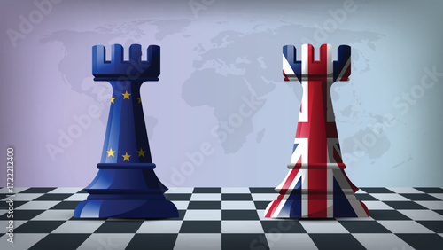 Two Standing Rooks Representing EU vs UK with Flags on Bodies and World Map in Background
