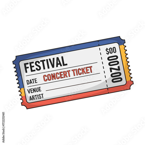 Colorful Festival Concert Ticket with Perforated Edge and Blank Fields.