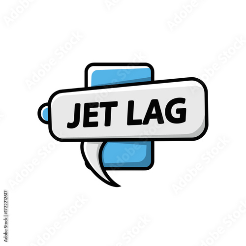 Jet Lag Text in Speech Bubble with Blue and White Design.