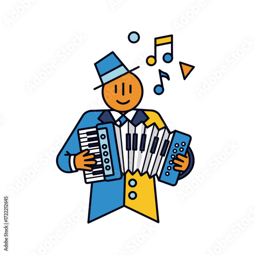 Cheerful Cartoon Musician Playing a Blue and Yellow Accordion.