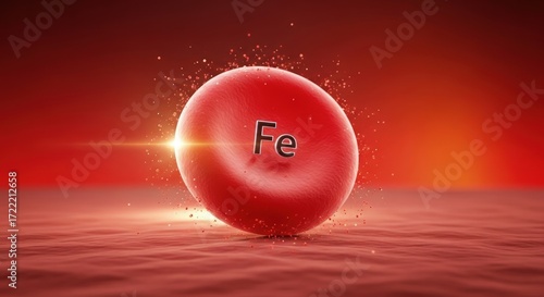 Healthy red blood cell displaying Fe symbol, glowing intensely in a microscopic red bloodstream. Concept of iron deficiency, anemic blood health, vital micronutrient. Medical science background.