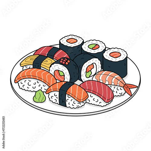 Colorful cartoon illustration of a Japanese sushi platter with various nigiri and maki rolls.