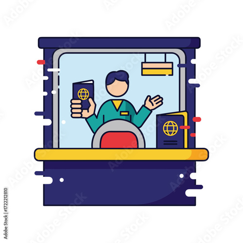 Minimalist illustration of a border control officer in a green uniform checking passports inside a checkpoint booth.