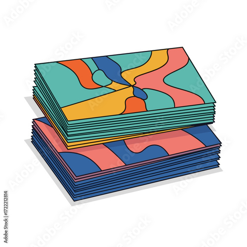 Two stacks of colorful abstract patterned cards with organic shapes and bold outlines.