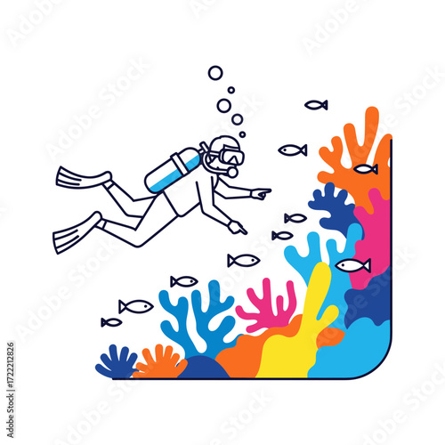 Minimalist line art scuba diver with blue tank mask flippers pointing at colorful coral and fish.