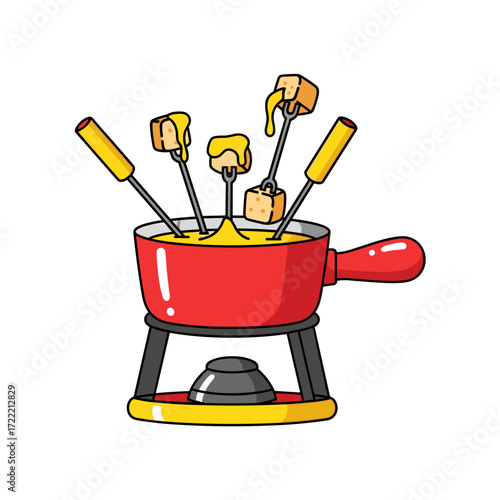 Delicious Cheese Fondue Pot with Bread Cubes on Forks.