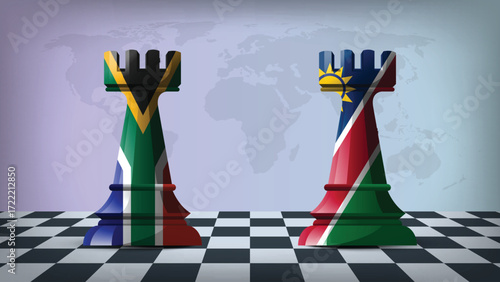 Two Standing Rooks Representing South Africa vs Namibia with Flags on Bodies and World Map in Background