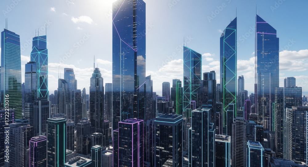 Fototapeta premium City skyline showcases tall skyscrapers against bright blue sky, with majestic cityscape stretching to distant horizon. City skyline offers dynamic panorama of modern architectural marvels,