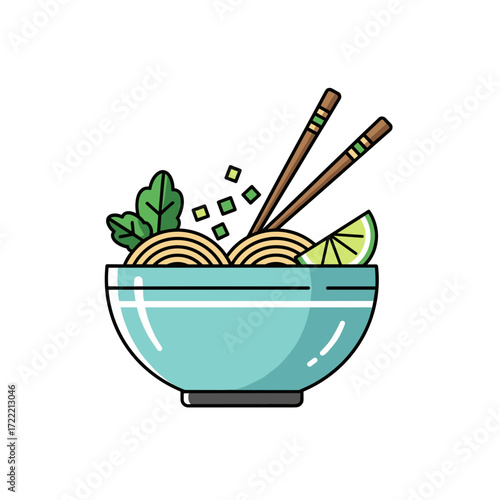 A vibrant cartoon illustration of an Asian noodle bowl with chopsticks lime and fresh green garnishes.