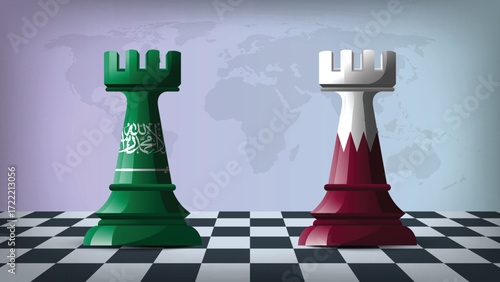 Two Standing Rooks Representing Qatar vs Saudi Arabia with Flags on Bodies and World Map in Background