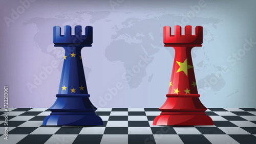Two Standing Rooks Representing EU vs CHINA with Flags on Bodies and World Map in Background