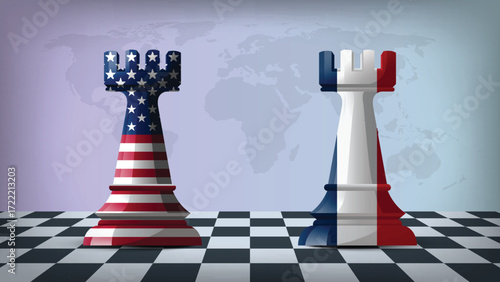 Two Standing Rooks Representing USA vs France with Flags on Bodies and World Map in Background