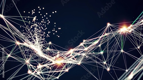 Abstract background, glowing network of connected dots and lines. digital data flow, modern technological connections, futurism, internet connections, neural network, global data