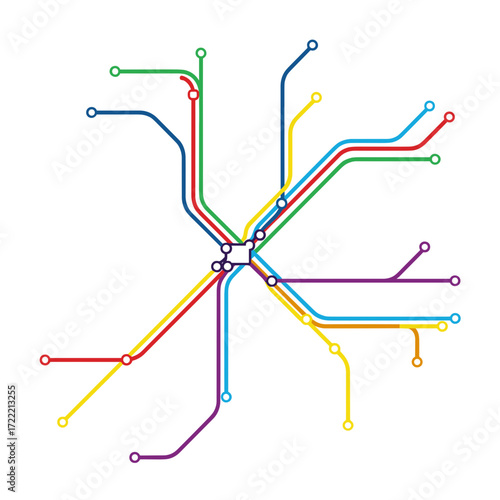 Colorful abstract subway map with interconnected lines and stations.