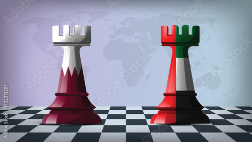 Two Standing Rooks Representing UAE vs Qatar with Flags on Bodies and World Map in Background