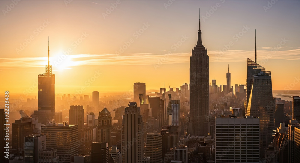 Obraz premium Stunning New York skyline with golden sunset light highlighting city's skyscrapers. New York skyline is iconic, showcasing urban landscape and towering buildings under vibrant sky.