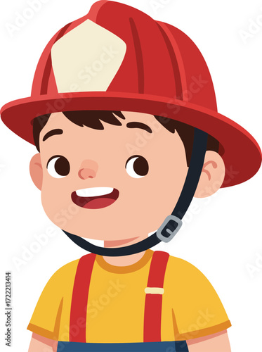 Child firefighter wearing red helmet and yellow shirt smiling in vector illustration for kids role play and safety education 