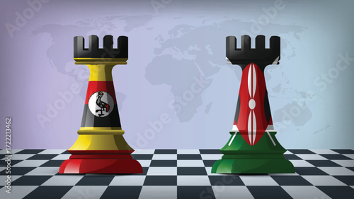 Two Standing Rooks Representing Uganda vs Kenya with Flags on Bodies and World Map in Background