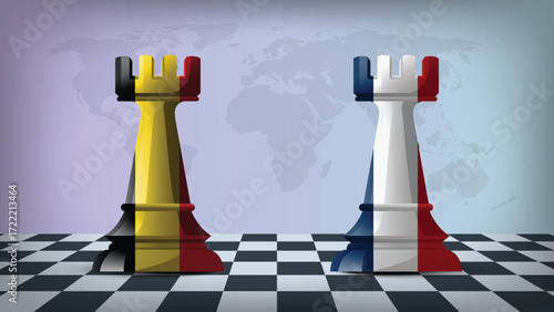 Two Standing Rooks Representing Belgium vs France with Flags on Bodies and World Map in Background