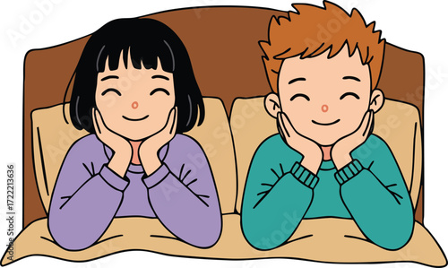 Children lying on bed smiling peacefully in cozy bedroom scene vector illustration 