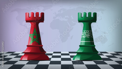 Two Standing Rooks Representing Morocco vs Saudi Arabia with Flags on Bodies and World Map in Background
