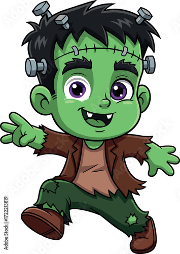 Cute Frankenstein Monster Cartoon Character in Halloween Costume with Green Skin, Purple Eyes, Torn Clothes, Playful Pose for Kids Design